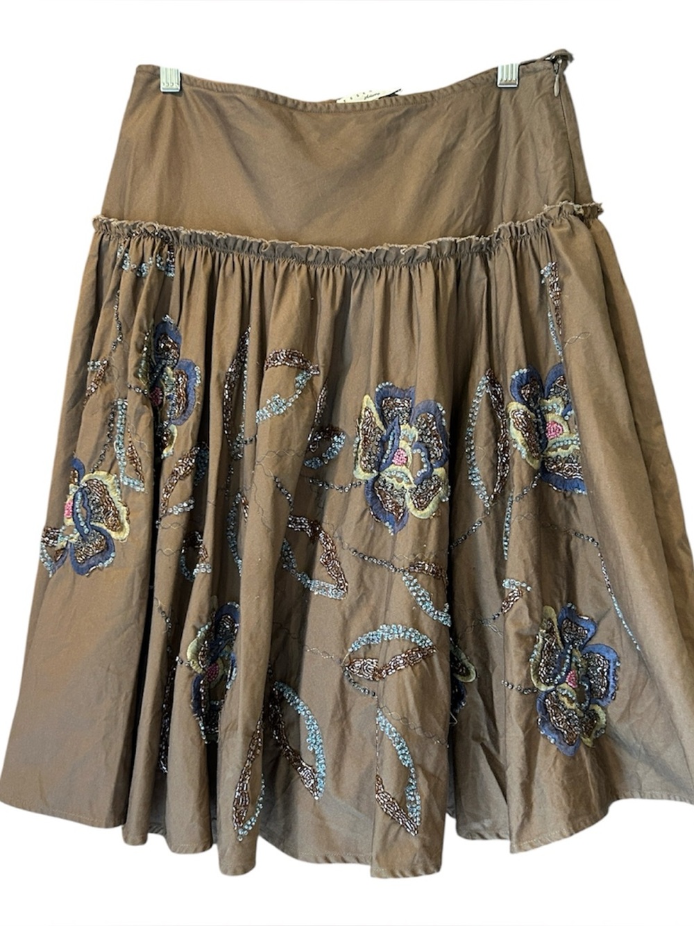 Essentiel Antwerp Brown Beaded Embroidered Cotton Boho Skirt Sz 38 Waist 30"